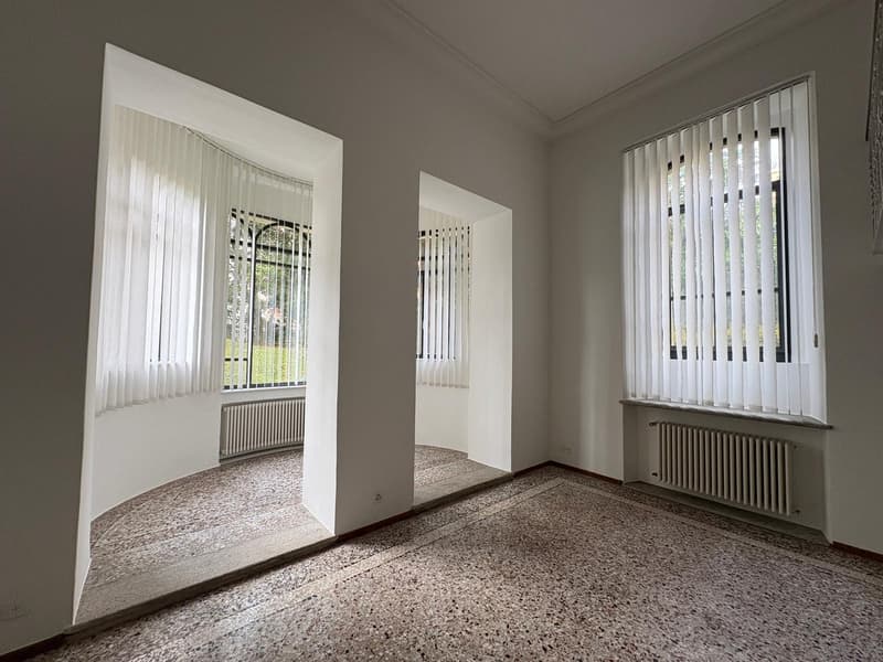 empty room, two arched windows with white blinds, central heating radiators, textured floor