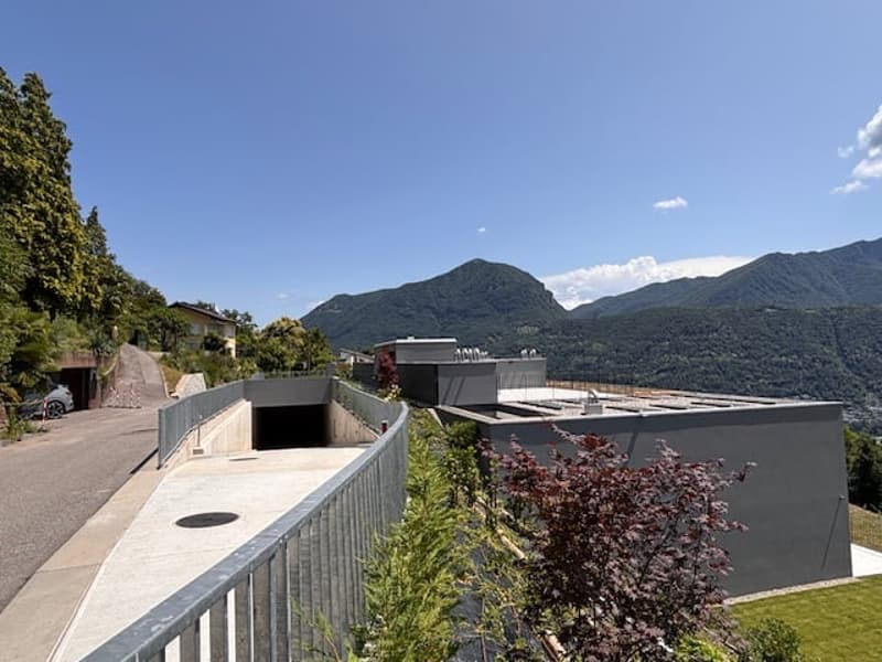 modern house, raised ground floor, concrete driveway, metal railing, green lawn, mountain view