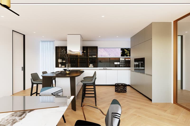Modern kitchen with white cabinets, dark wood dining table, black bar stools, and a dishwasher visible.
