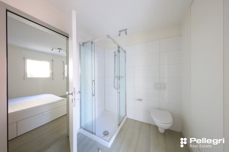 modern white tile, shower, toilet, wooden floor, mirror, no window