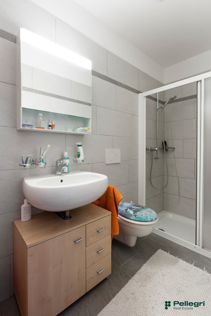 modern bathroom with sink, toilet, shower, mirror, towel, drawers, rug