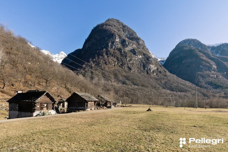 Several small log cabins near a meadow and mountains, surrounded by electrical wires