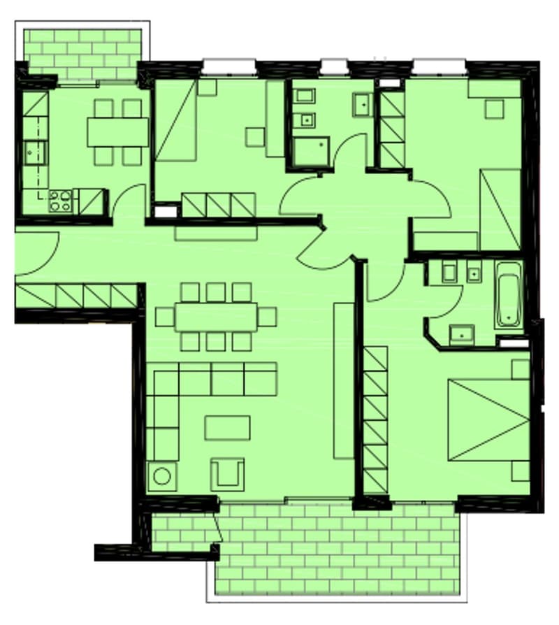 Floor plan with living room, dining room, kitchen, 2 bedrooms, 2 bathrooms, balcony