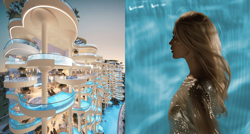 High-rise residential building, spiral design, glass balconies, large swimming pool, pool terraces, stunning city view