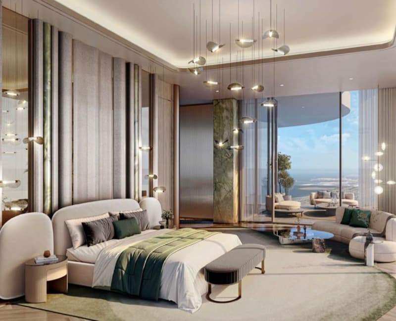 Modern design with large windows, bed, side tables, large area rug, hanging lamps, lounge chair
