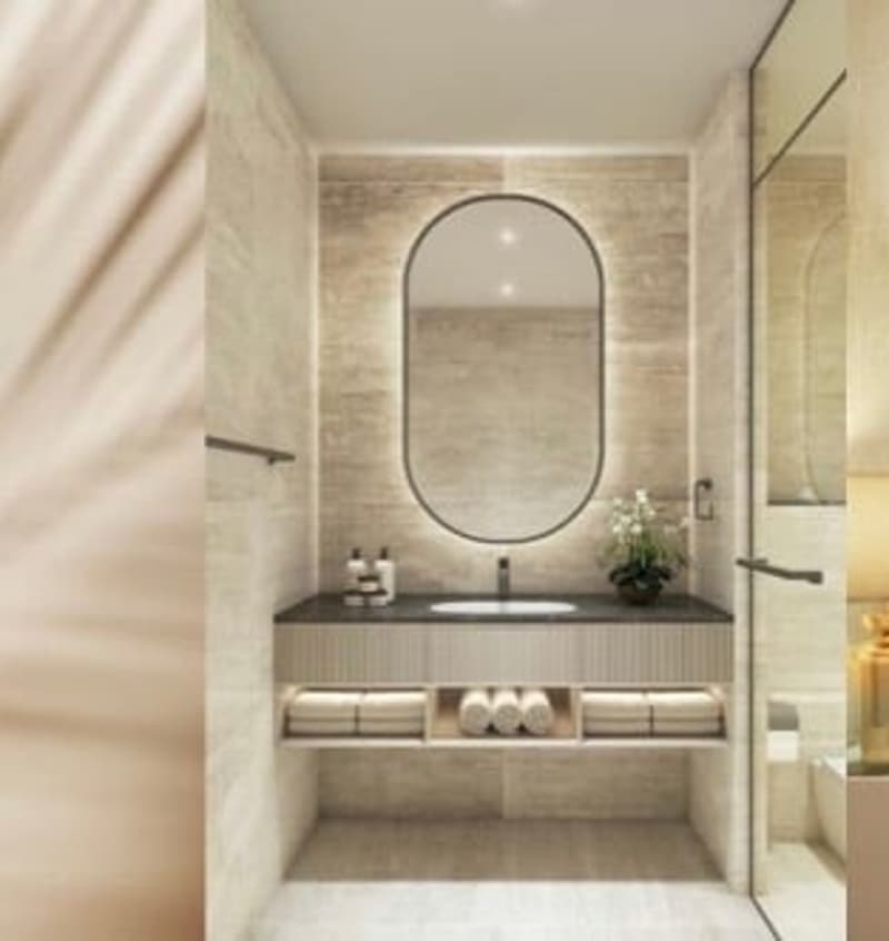 white countertop, modern vanity, large mirror, shelves, flower vase, towels