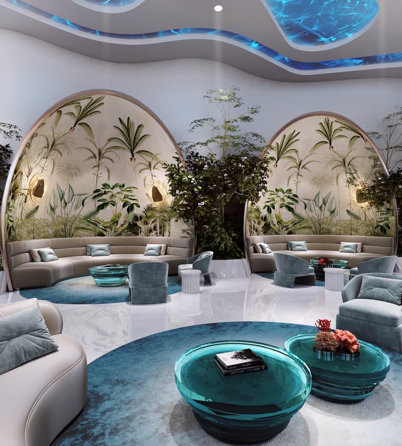 modern interior, round glass tables, two couches, armchairs, round rug, blue painted walls, tropical plant paintings, plants, trees, LED light ceiling, red flower, coral