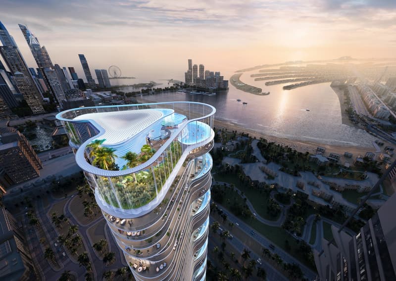 Skyscraper with outdoor swimming pool, glass exterior, and green terraces, surrounded by city skyline and water