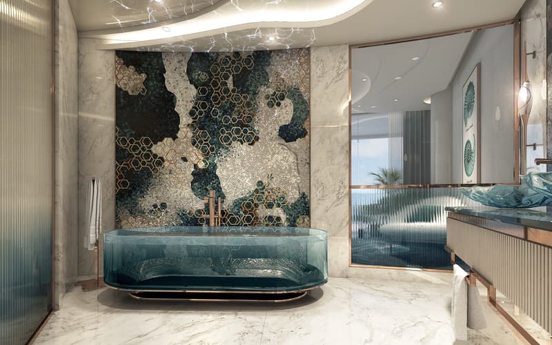 large glass bathtub, glass wall, marble floor, mirror, glass counter, decorative art, golden fixtures