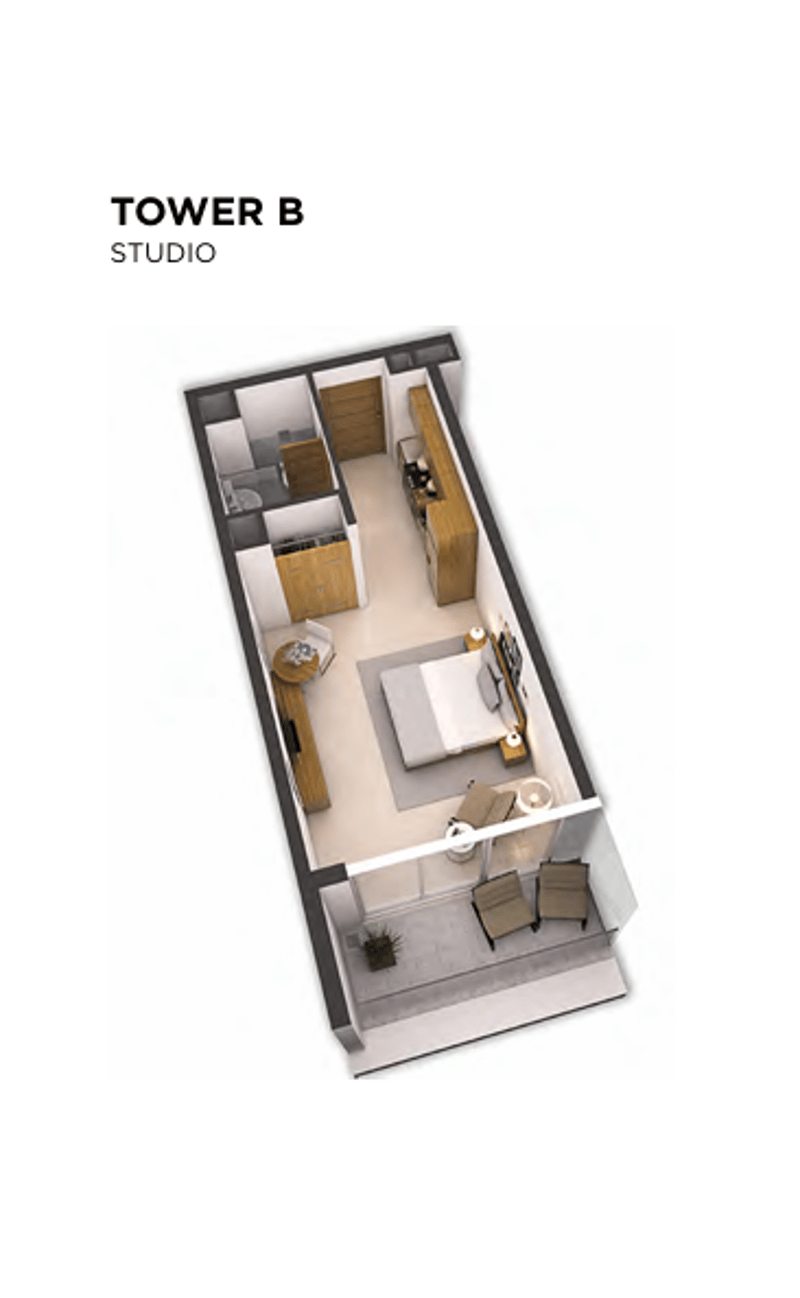 Studio layout with a bed, living area, kitchen, and bathroom.