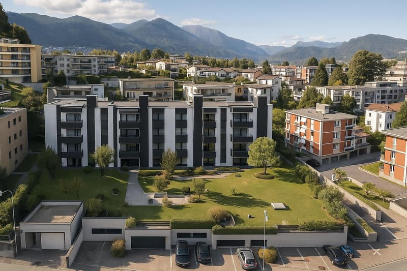 Modern apartment building with multiple floors, underground parking, and a landscaped garden area.