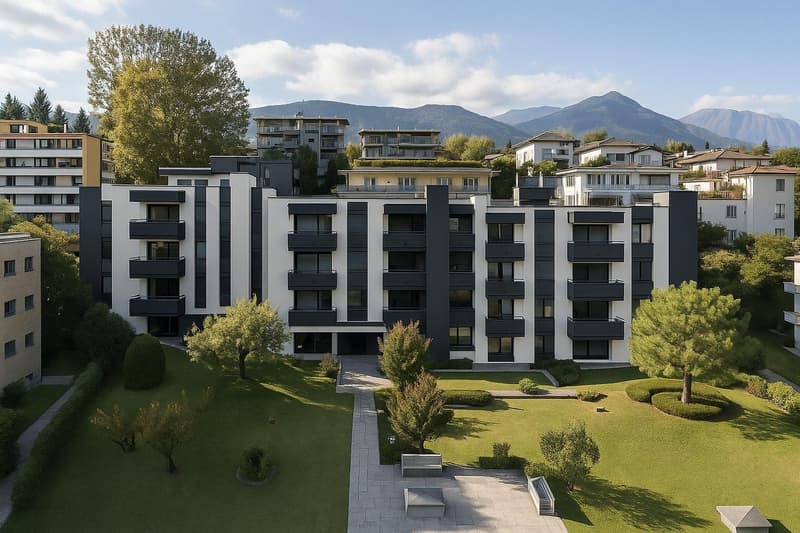 Modern apartment building with multiple floors, balconies, and a landscaped garden area.