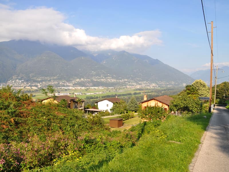 Mountain view, small village with houses, green field, road