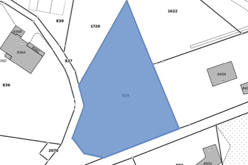 The floor plan indicates several areas marked with numerical values, with each number representing a different section or feature. The largest blue-shaded area is numbered 838, indicating its size and significance.