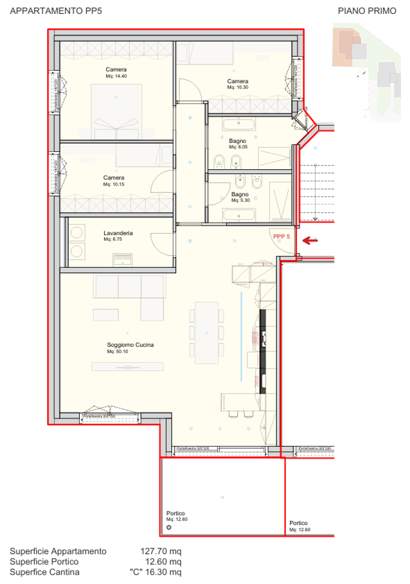 Floor plan of an apartment with living room, kitchen, 2 bedrooms, 2 bathrooms, laundry room, and a portico.