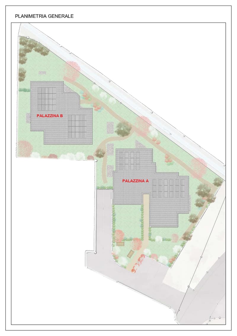 Two buildings (PALAZZINA A and PALAZZINA B) with garden and parking place