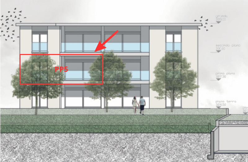 Floor plan of a building with multiple floors, glass windows, and a highlighted section labeled PP5.