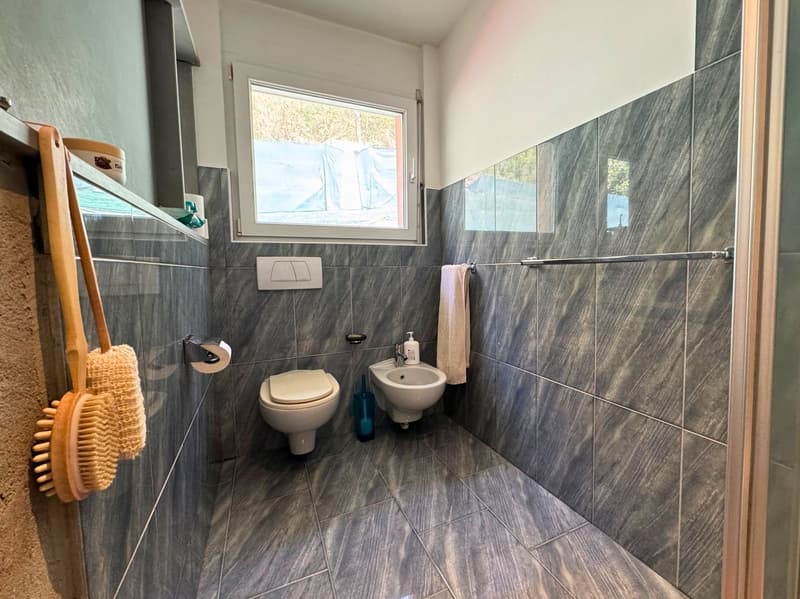 The image shows a modern bathroom with gray tile walls and floors, a toilet, a bidet, a sink, and a shower with a glass enclosure. There is a window that provides natural light, and some bathroom accessories like a towel rack and a brush are visible.