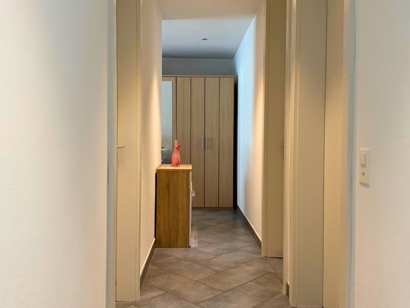 The image shows a hallway with a wooden cabinet or storage unit, a tiled floor, and a doorway leading to another room.
