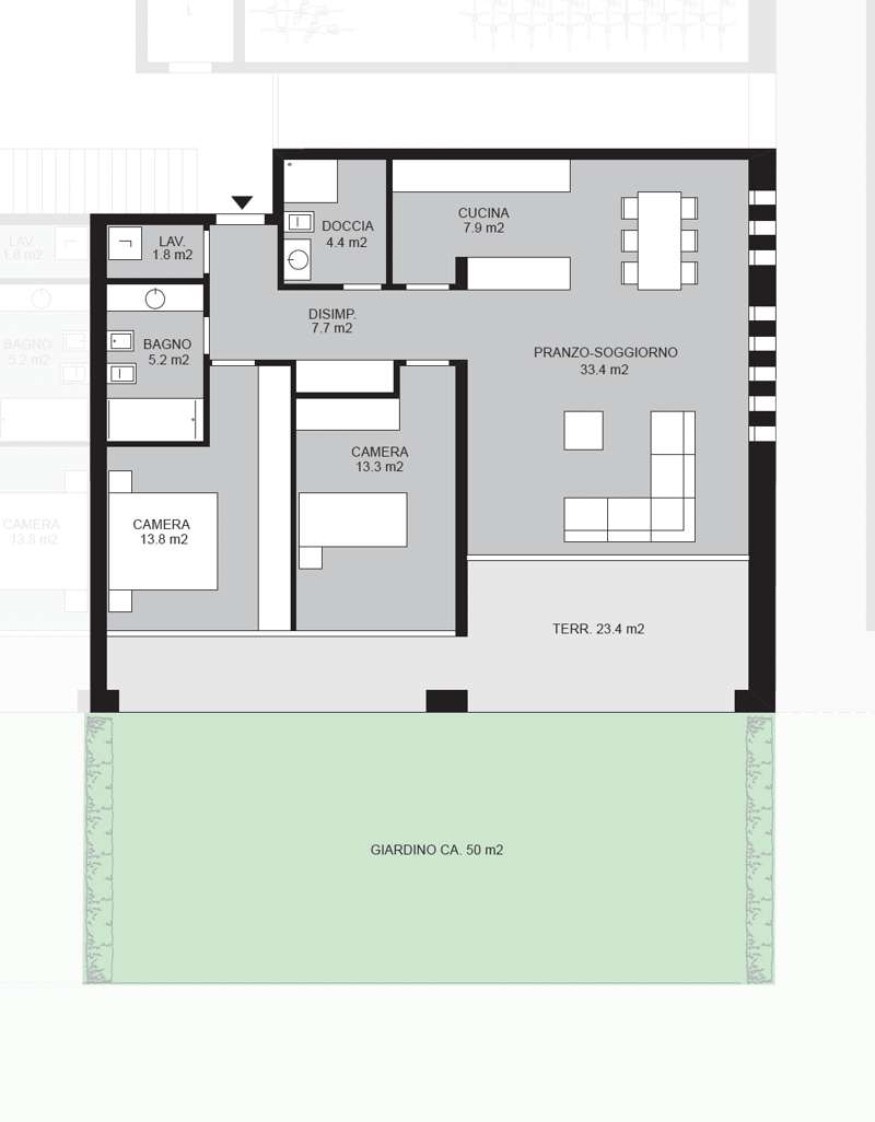Floor plan with living room, kitchen, 2 bedrooms, 2 bathrooms, and a terrace