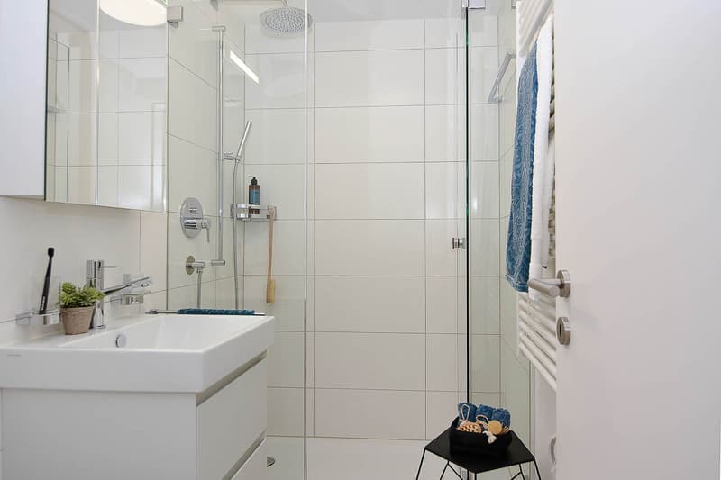 modern bathroom with white tiles, glass shower enclosure, white sink, mirror, towel rack, and a small potted plant