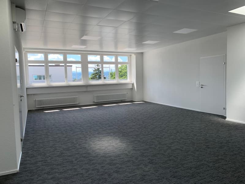 Large open room with white walls, gray carpeted floor, and large windows providing natural light. The room appears to be an office or commercial space with a clean and modern design.