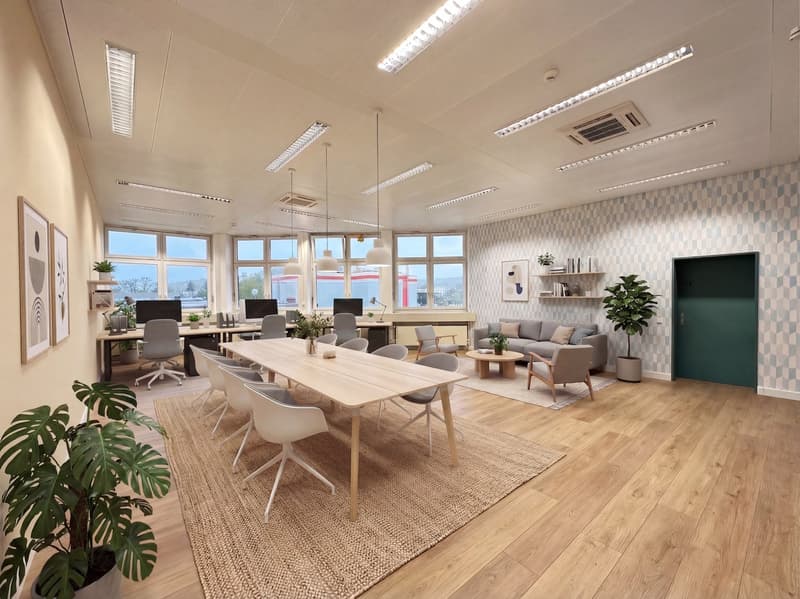modern office space with wooden floors, large windows, long dining table, chairs, couch, coffee table, plants, and office equipment