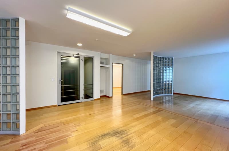 Spacious open-plan living room with hardwood flooring, white walls, large windows, and a glass door leading to a balcony or terrace.