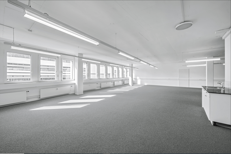 An empty office space with a white ceiling, grey carpet, fluorescent lighting, windows, radiators, and a kitchen with a sink and faucet.