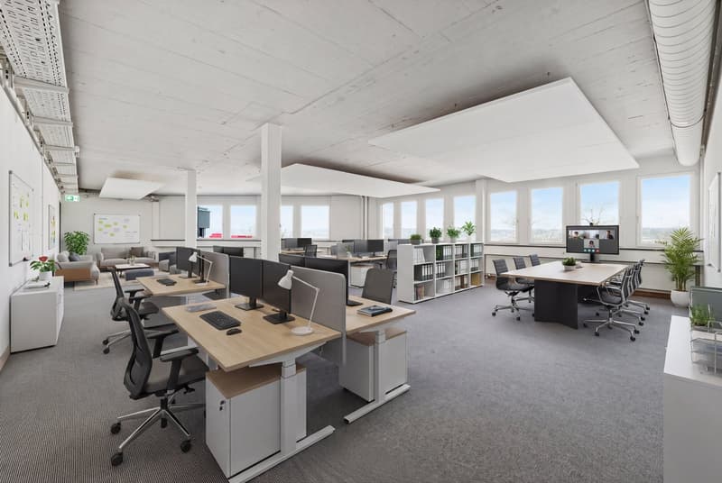 modern office layout, desks, office chairs, monitors, bookshelves, glass windows, carpets