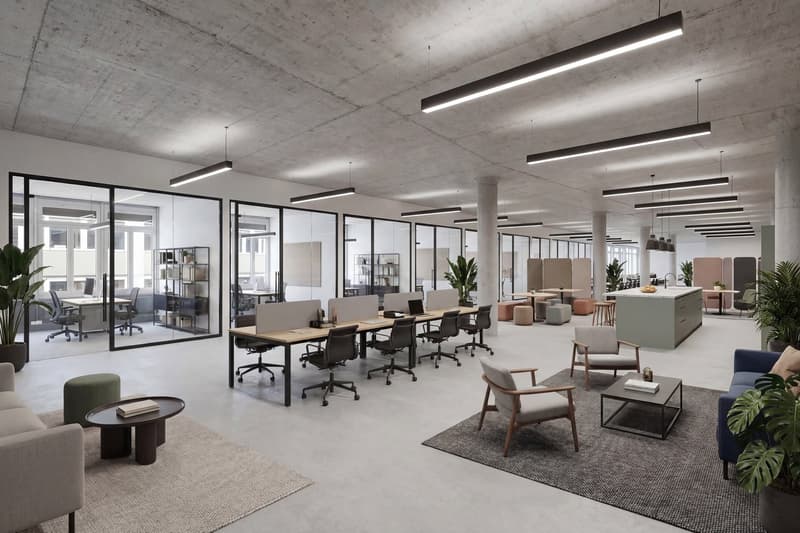 modern office space with glass walls, desks, chairs, plants, and a kitchen area