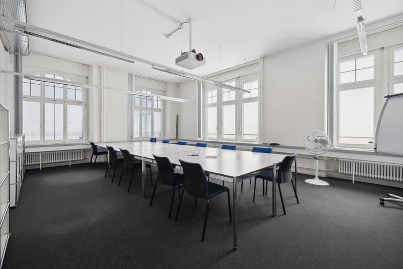 conference room, tables, chairs, projector, windows, radiators, fan, whiteboard