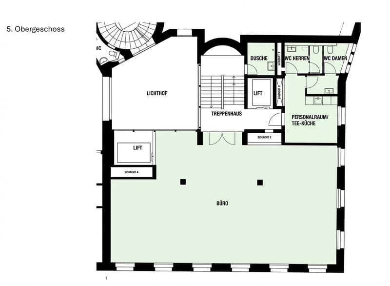 lightwell, stairwell, 3 floors, elevator, living room, office, kitchen, separate women's and men's restrooms