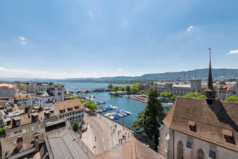 Cityscape, river, boats, buildings, waterfront, cityscape, harbor, road, trees, mountains, crane