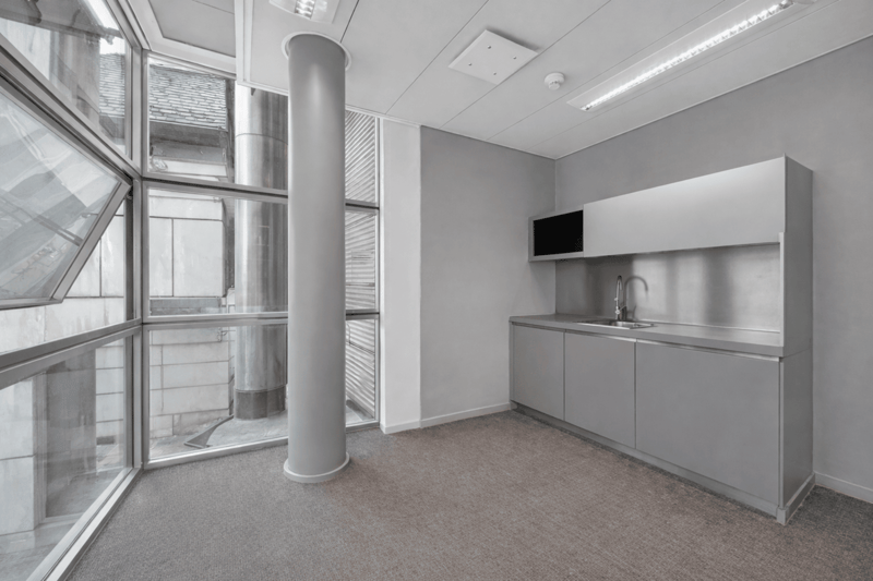 ample window space, modern design, kitchen area with sink and countertop
