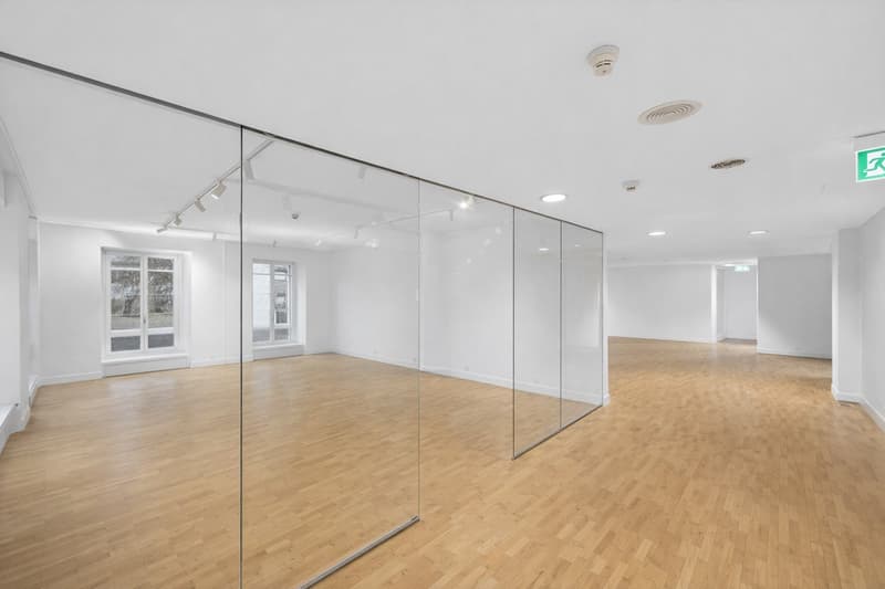 spacious room, glass walls, wooden floor, two windows, recessed lighting