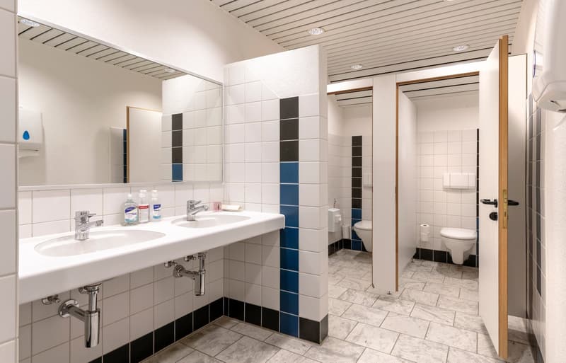 Public bathroom with two sinks, two toilets, and a shower stall.