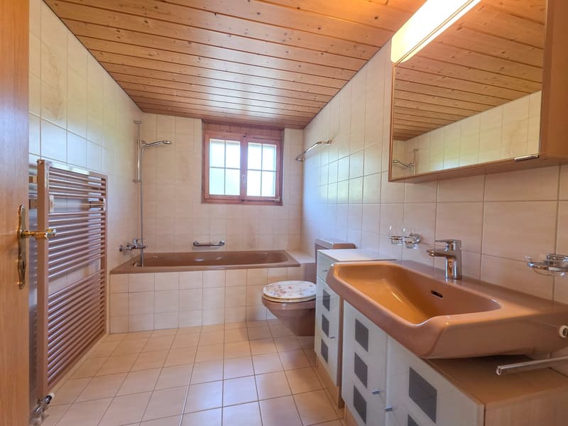 Bathroom with bathtub, sink, toilet, mirror, and towel rack