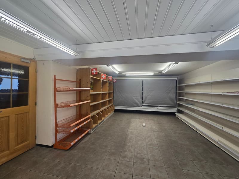 Storage room, empty shelves, white walls, wooden door, fluorescent lights