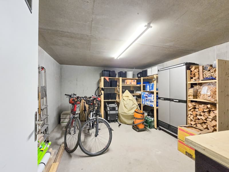 Storage room with bicycles, shelves, and storage boxes