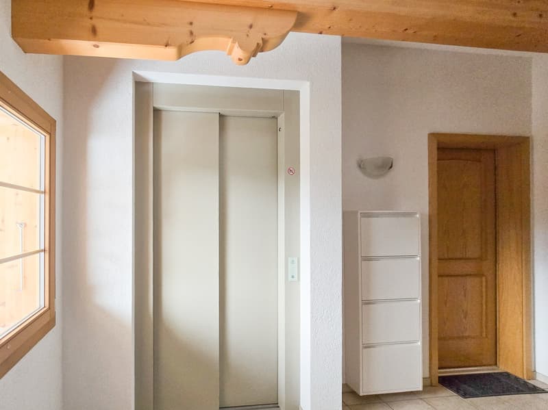 white walls, white elevator, white cabinet, wooden window, wooden ceiling, wooden door