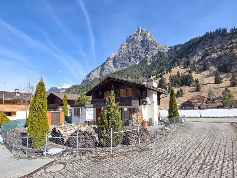 Detached house, wooden exterior, mountain view, fenced garden, brick driveway