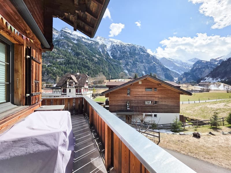 wooden house, balcony, covered table, covered chair, mountains in the background