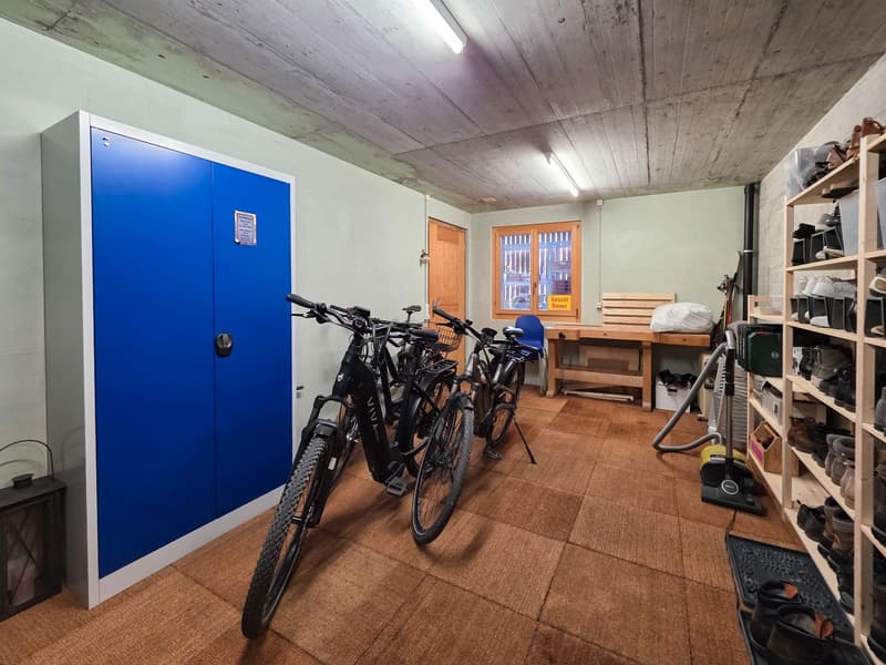 Storage room with bicycles, cabinets, and shelves with shoes
