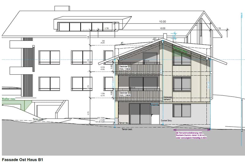 3 story building, balconies, windows, doors, measurements