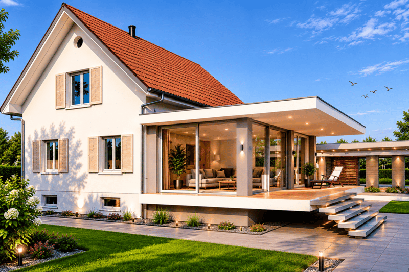 Visualisierung der möglichen Wohnzimmer-Erweiterung (Baugesuch erneuerbar)
