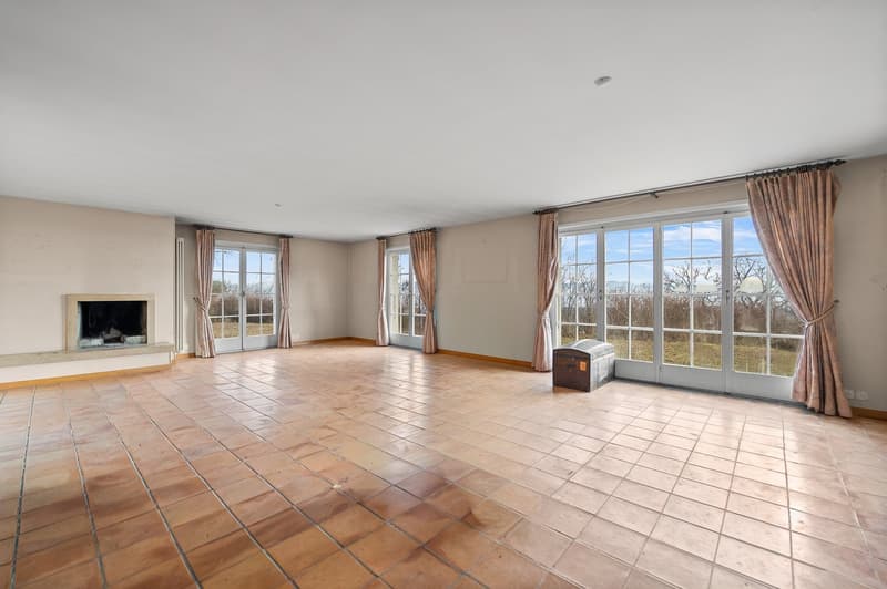 Large room with fireplace, double sliding glass doors, wooden floor, curtains