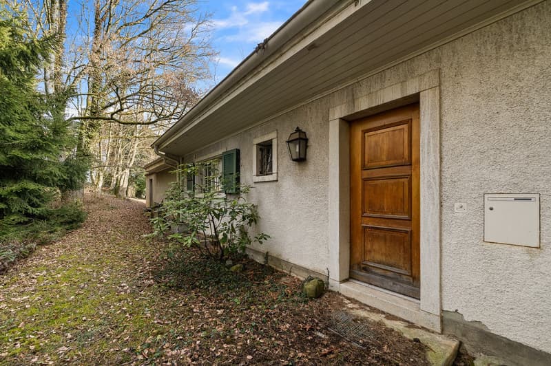 front entrance, wooden door, small garden, mail box