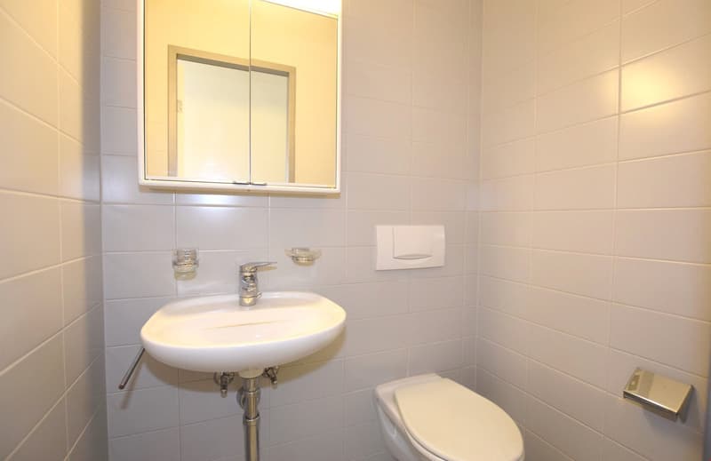 Bathroom with white tiles, sink, mirror, toilet, and tissue holder