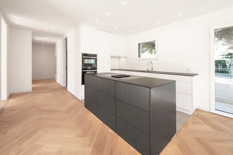 modern kitchen with island, white cabinets, black countertops, wooden floor, large windows, balcony